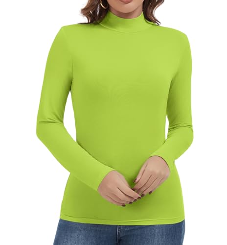 Lime Green Mock Turtleneck Tops for Women Long Sleeve Thermal Warm Undershirt Fitted Fall Basic Casual Shirts (NGM)