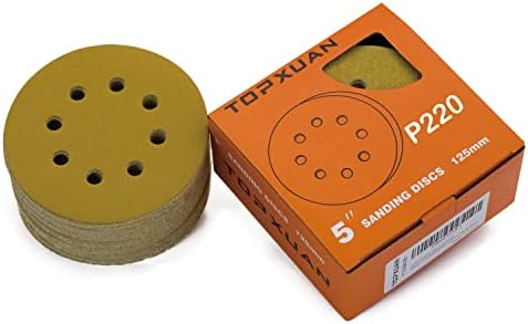 TOPXUAN Orbital Sander Pads, 5 Inch 8 Holes, Hook and Loop Dry Abrasive Gold Sandpaper, Suitable for Wood, Metal, Plastic Grinding and Polishing, Pack of 50 (220 Grit)