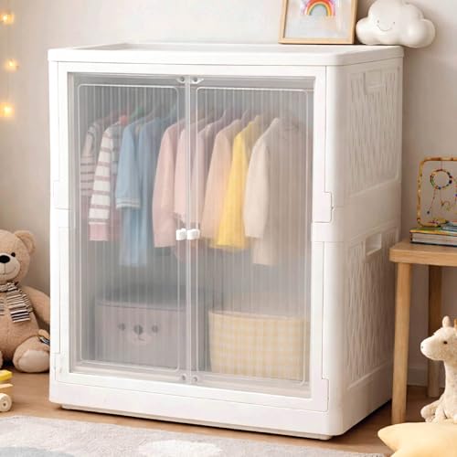 Image of HomeStrap Foldable Plastic Wardrobe for Clothes, Toys & Office | Stackable Storage Cabinet with Wheels, Transparent & Magnetic Doors | Multipurpose Organizer for Bedroom, Kitchen | White