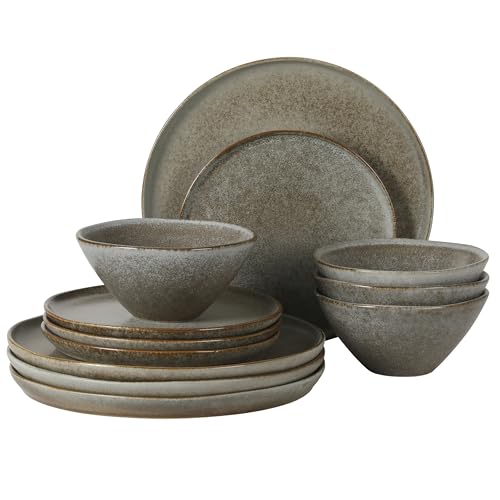 Image of Gibson Elite Coastal Forest Plates and Bowls Sets, 12-Piece Stoneware Dinnerware Sets, Triple Reactive Glaze Dish Set - Slate Grey