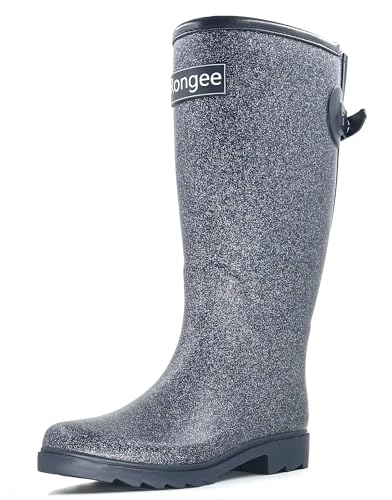 Rongee Rain Boots for Women Waterproof Garden Outdoor Mud Boots Printed with Adjustable Buckle, Navy Glitter, 9