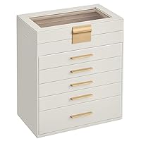 SONGMICS GISELLA Kollektion - Schmuckkästchen mit Glasdeckel, Schmuckkasten mit 6 Ebenen, Schmuckbox, 5 Schubladen, Schmuckaufbewahrung, modern, Geschenkidee, wolkenweiß-golden JBC171W01V1