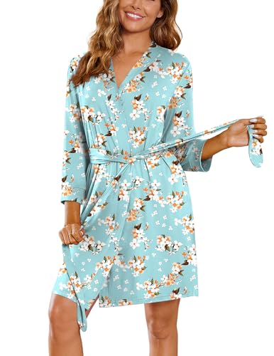 Image of Ekouaer Women's Robes Lightweight 3 /4 Sleeve Short Knit Bathrobe Soft Knee Length Sleepwear Robes with Pockets S-XXL