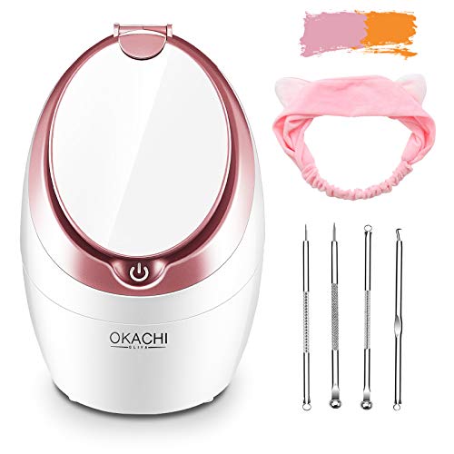 OKACHI GLIYA Facial Steamer 4 in 1 Nano Face Steamer – Professional & Safe Steamer – Humidifier – Unclogs Pores & Blackheads Deep Cleansing – Double Mirror for Easy Makeup Skincare Tool (Pink)