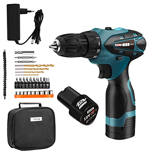 Akku-Bohrschrauber-Set mit 2 Akkus 12V Bohrmaschine 15Nm 18+1 Kupplung, 3/8" Schnellspannbohrfutter, variabler Drehzahl und eingebautem LED-Bohrschrauber zum Bohren von Wand, Ziegel, Holz