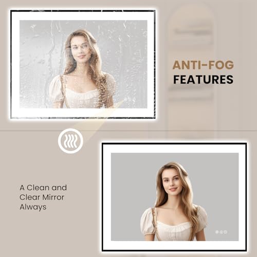LOAAO 40"X30" LED Bathroom Mirror Black Framed, Anti-Fog, Dimmable, Lighted Bathroom Vanity Mirror for Wall, Memory Function, Tempered Glass