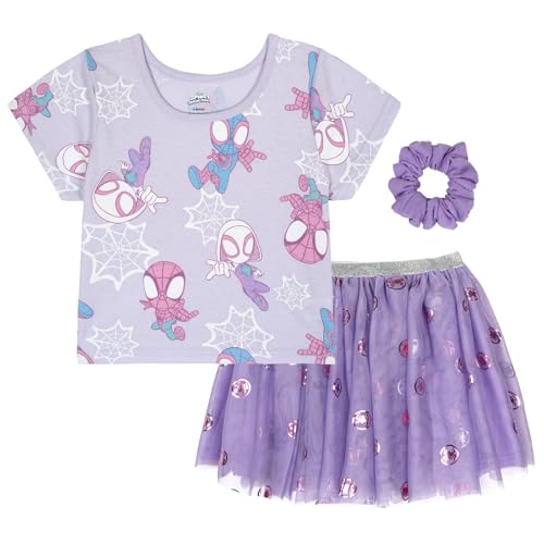 Marvel Spidey and His Amazing Friends Toddler Girls Allover Print Short Sleeve Tee and Foil Tulle Tutu Skirt Outfit Spidey Ghost Purple 4T