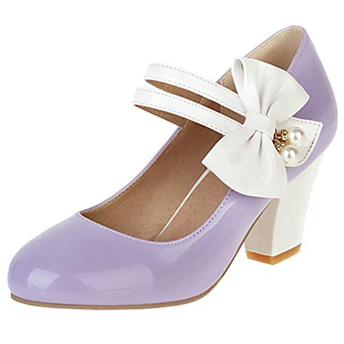 Parisuit Women's Chunky High Heels Mary Jane Pumps Vintage Ankle Strap Dress Sweet Shoes with Bow