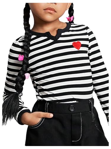 SweatyRocks Girl's Striped Long Sleeve T Shirt Heart Print Embroidery Notched Neck Casual Tee Tops3