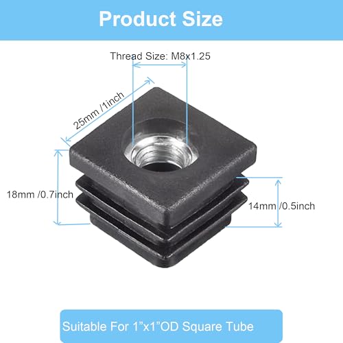 Image of MyyiTar 4 Pcs Square Chair Leg Floor Protector, Furniture Leg Protectors, Plastic Plugs 1 inchx1 inch OD Square Tubing Endcap with M8 Thread for Tubular Racks Legs Inserts,Black 1 inch