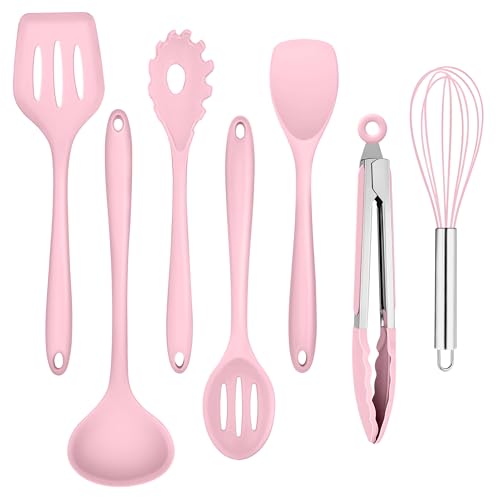 Homikit Küchenhelfer Set, 7 Stück Rosa Silikon Küchenutensilien Kochbesteck Set, Antihaft Hitzebeständiger Kochutensilien mit Pfannenwender zum Kochen, Backen, Gesund/Spülmaschinenfest