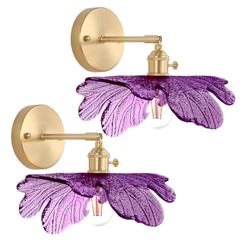 Image of 2-Light Bathroom Vanity Lights Purple Flower Glass Shade, Brushed Gold Brass Wall Sconce Over Mirror Vintage Vanity Wall Light, Mid Century Wall Lighting Farmhouse Bedroom Doorway