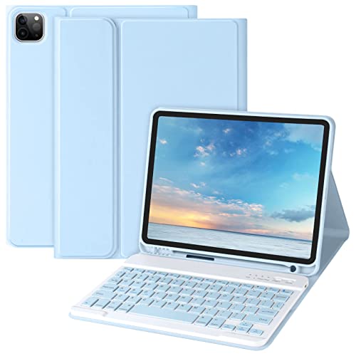aMZCaSE Custodia con tastiera per iPad Air 5 e 4 Gen 10.9“ 2022/2020,Pro 11” Custodia con tastiera 1/2/3/4 Gen,Tastiera Bluetooth Staccabile con Supporto per iPad Air 11 M2 e M3 2024/2025(Cielo blu)