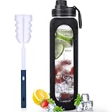 GIEMIT Glass Water Bottles 32oz with Silicone Sleeve Drinking Hydration Bottles Reusable Borosilicate Wide Mouth Motivational Water Flask Canteen with Time Marker Spout Lid and Brush