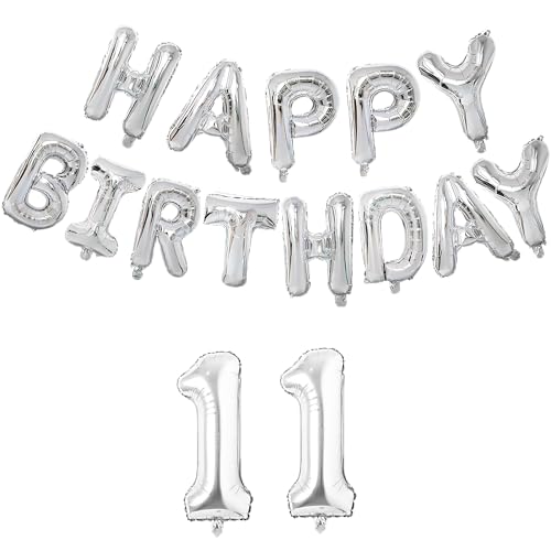 Image of Flyloons 11th Silver Colour Happy Birthday Foil Balloon Set For 11 Year Old Boys Girls Teenage | With Number Eleven | 13 Letters Reusable Happy Birthday Metallic Foil Balloons Decoration Kit, 15 Pcs