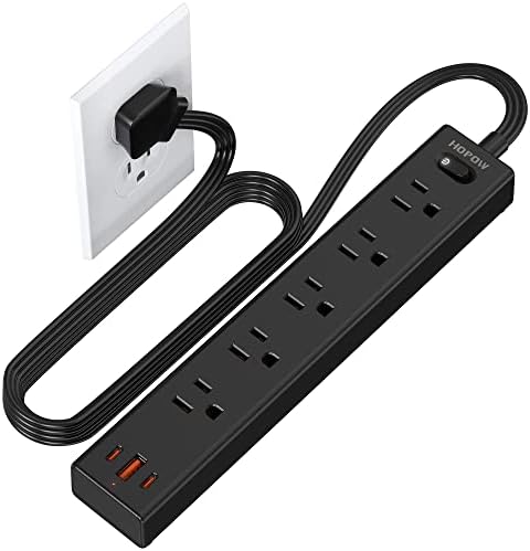 HOPOW Flat Plug Power Strip, 6 Ft Ultra Thin Flat Extension Cord, Surge Protector with 5 Outlets & 3 USB Ports (2 USB C), 1700 Joules, Wall Mount, Desktop Charging Station for Home Office Dorm, Black