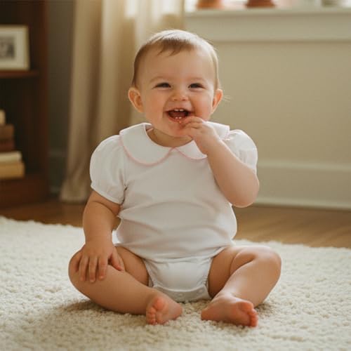 Lamuusaa Newborn Baby Girl Boy Clothes Summer Short Sleeve Doll Collar Romper One Piece Bodysuit Shirts 0 3 6 12 18 Months (White A, 12-18 Months)