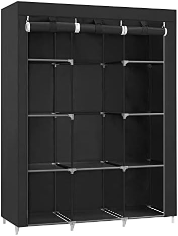 SONGMICS 51-Inch Portable Closet, Wardrobe Storage Organizer with 10 Shelves, Closet System with Hanging Rods and Cover, for Hanging Clothes, Quick and Easy Assembly, Black URYG93BK