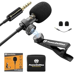 PowerDeWise Professional Grade Lavalier Clip On Microphone – Lav Mic for Camera Phone iPhone GoPro Video Recording ASMR – Small Noise Cancelling 3.5mm Tiny Shirt Microphone with Easy Clip On System