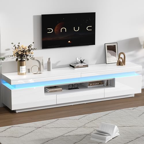 Yihomfy Meuble TV Blanc Laqué avec LED 16 Couleurs, 3 Tiroirs, 160 cm, pour Téléviseur Jusqu'à...