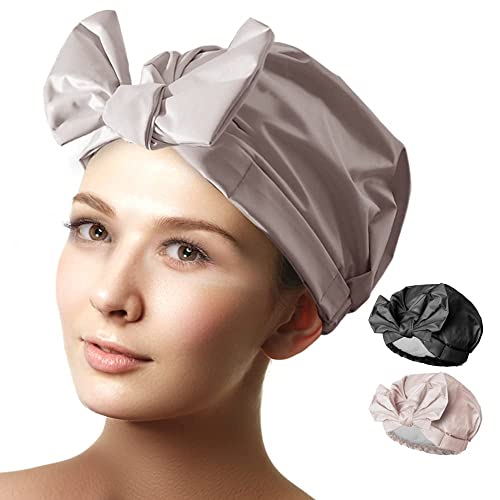 Shower Cap for Women Reusable Long Hair Double Waterproof Large Shower Hair Hat Adjustable (11 inches, Pink, Black, Bowknot)