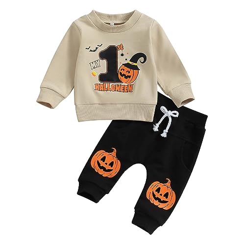 LIOMENGZI My First Halloween Baby Girl Boy Outfits Newborn Pumpkin Ghost Sweatshirt Tops Warm Pants Sets Infant Fall Clothes (Khaki Pumpkin, 0-3 Months)