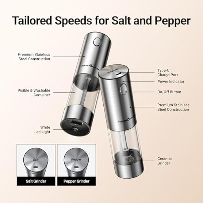 Upgraded Larger Capacity Electric Salt and Pepper Grinder Set, 110ml Rechargeable Salt and Pepper Shaker with LED light, Stainless Steel Automatic Pepper Mill with 6 Adjustable Coarseness