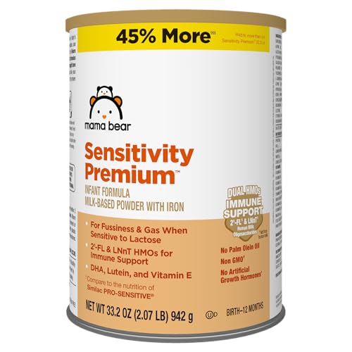Amazon Brand - Mama Bear Sensitivity Premium Infant Formula Powder with Iron, Dual HMOs for Immune Support, Non-GMO, for Fussiness and Gas from Lactose Sensitivity, 2.07 Pound (Pack of 1)