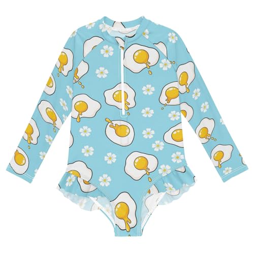 Fried Eggs Flowers Pattern Girls Rash Guard Swimsuits Long Sleeve One Pieces Bathing Suit UPF 50+ Zipper Swimwear