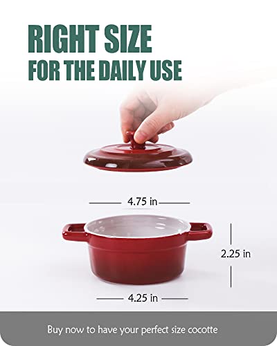 12 Oz Mini Cocotte With Lid, Lareina Small Ceramic Round Casseroles Dish With Handles And Cover, Cute Stoneware Individual Severing Pot, Set Of 4, Red #TOP1