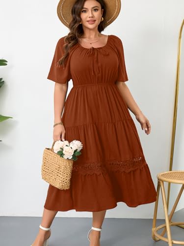 RWJ Women's Plus Size Maxi Dress Short Sleeve Square Neck Flowy A-Line Lace Trim Flutter Party Casual Off Shoulder Dresses2