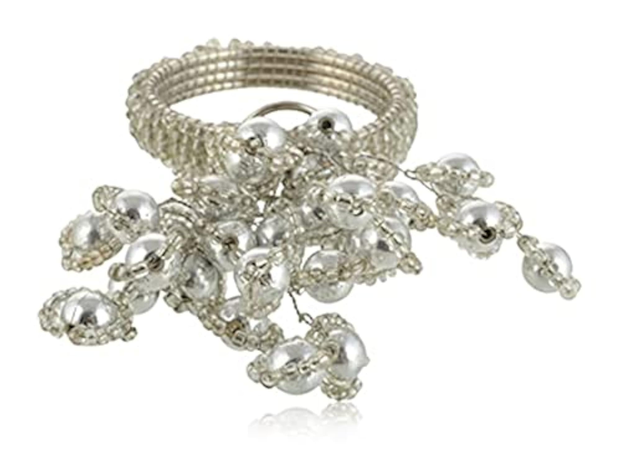 Metal and Glass Beads Silver Napkin Ring Holder Set