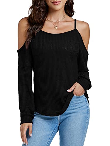 Lyaner Women's Waffle Knit Cold Shoulder Long Sleeve Spaghetti Strap Blouse Top Shirt Black Small #TOP2