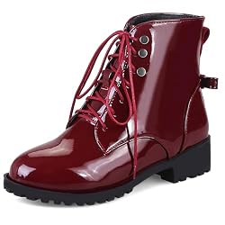 Klarmar Mujer Invierno Charol Combat Botas Militares Punta Rojoonda Exterior Warm Block Mid Botas Lazostie Ankle Botín Vino Rojo Talla 36 EU/23CM