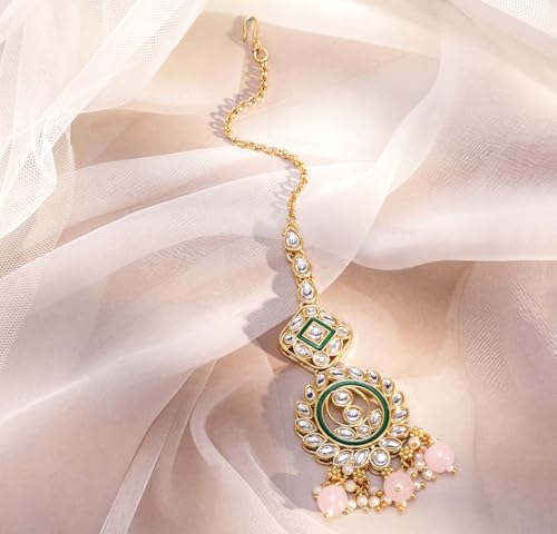 Image of Rubans Necklace Maangtikka Set Gold Plated Kundan & Pearl Jewellery Gift for Women & Girls