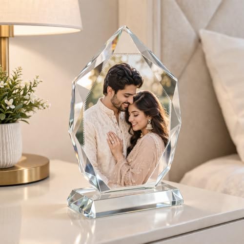 Image of Rangoli Personalized Crystal Photo Frame 21 x 12 cm (210 x 120 mm) Diamond Cut Glass Picture Frame Custom Photo Gift Premium Table Decor. D-10