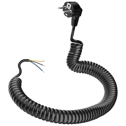 DKTYGER Schutzkontakt Verl&auml;ngerung, Spiralverl&auml;ngerung dehnbar von 0,55 m bis 2 m Max, IP20 Verl&auml;ngerungskabel, Verl&auml;ngerung (230V/16 A), Spiral Kabel mit Schuko Stecker, Spiralkabel 3 adrig, Schwarz