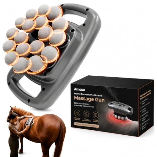 Amouu Equine Recovery Pro 18-Head Horse Massager Deep Tissue Percussion Massager for Horses 20mm Amplitude Rubber Massage Heads Low-Noise 2030dB 9 Speeds Red Light 2000mAh Rechargeable
