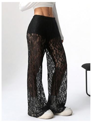 SOLY HUX Women's Lace Sheer Wide Leg Pants Elastic Waist See Through Party Trousers3