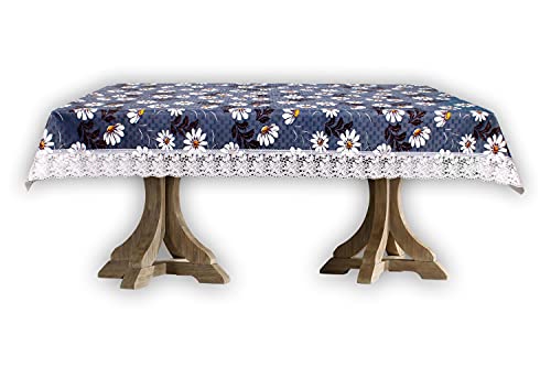 Image of The Furnishing Tree Waterproof PVC Rectangle Shaped 2 Seater Table Cover WxL 45x70 inches Floral Pattern Blueish Grey with White Border lace