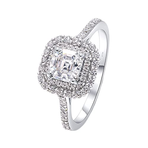 Grewod Fashion Rings Women 18K White Gold 4 Prong with 2ct Square Moissanite Wedding Engagement Ring Size 10.5