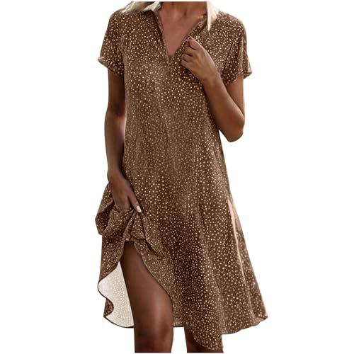 AMhomely Sommerkleid für Damen, kurzärmelig, Midi-Kleid, elegant, für Party, Freizeit, Urlaub, gepunktet, A-Linie, fließendes Strandkleid, lockeres Boho-Kleid, knielang, 01 Braun, L