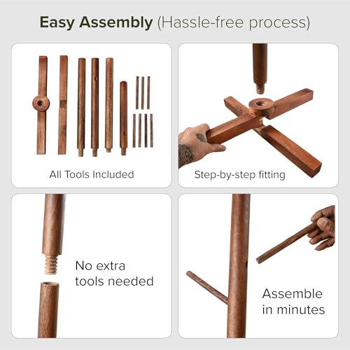 Image of Kuber Industries Wooden Freestanding Coat Hanger with 6 Hooks | Multipurpose Hanging Pole Rack Clothes Shelf | Ideal for Scarf, Bags & Hat | Brown