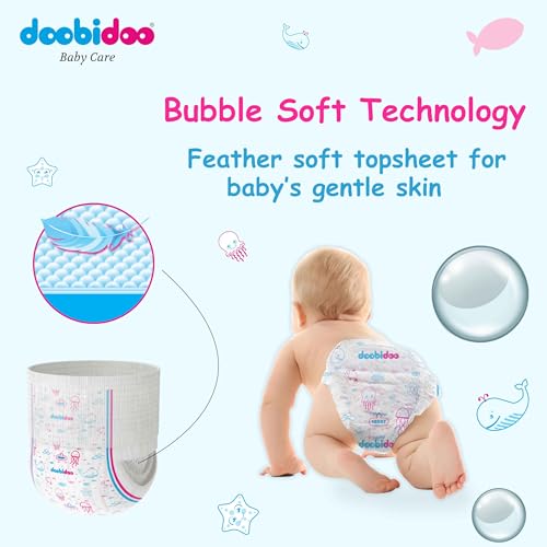 Image of Doobidoo Silky Soft Baby Pants Diapers - L Size | All-Round Softness with Bubble Soft Topsheet & Anti-Leak Side Cuffs | Rash-Free Comfort & High Absorbency for Babies (9-14 kg) - Pack of 6 | 96 Count