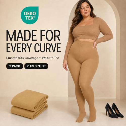 Image of Citystl 2 Pack Plus Size Tights for Women, 80D Opaque Control Top Pantyhose