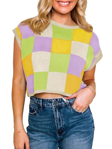 Image of Saodimallsu Womens Cap Sleeve Crop Tops Summer Color Block Going Out Crew Neck Knit Trendy Casual Sweater
