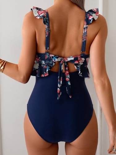 Image of Eomenie One Piece Swimsuit for Women Tummy Control Ruffle Bathing Suit V Neck Ruched Swim Suit Slimming Cutout Swimwear