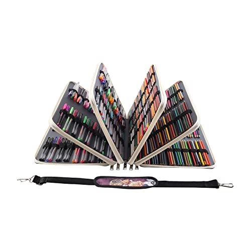 Image of Pencil Case Slot Holds 500 Colored Pencils or 340 Color Gel Pens with Zipper Closure Large Capacity Retro Style Element Pattern Pen Organizer Bag with Shoulder Strap (Purple - Compasses)