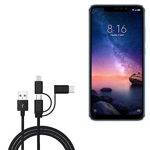 BoxWave Cable Compatible with Xiaomi Redmi Note 6 Pro - AllCharge 3-in-1 Cable for Xiaomi Redmi Note 6 Pro - Jet Black