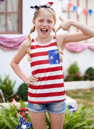 Image of 4th of July Girls Flag Tank Top Back Bow Sleeveless Patriotic Holidays T-Shirt 4-14 Years